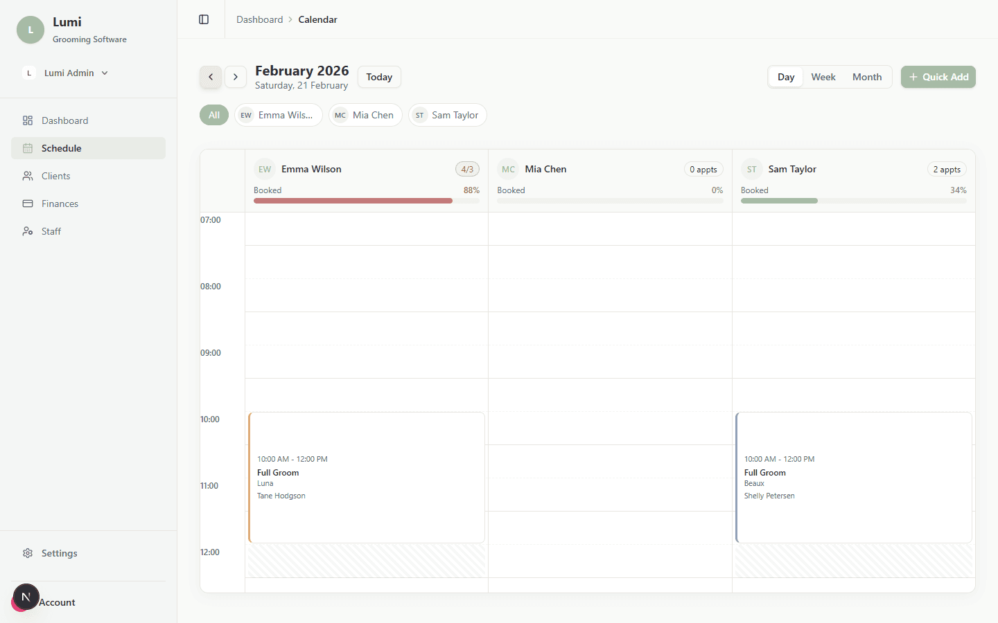 Lumi scheduling calendar with colour-coded appointments and staff columns